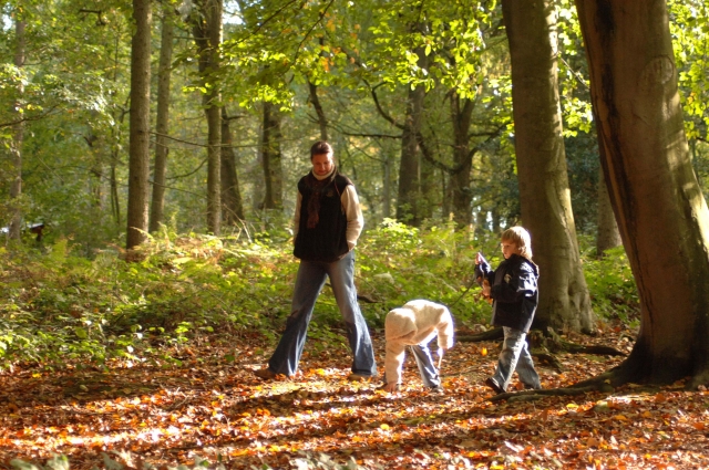 1051249 lady and two children autumn walk